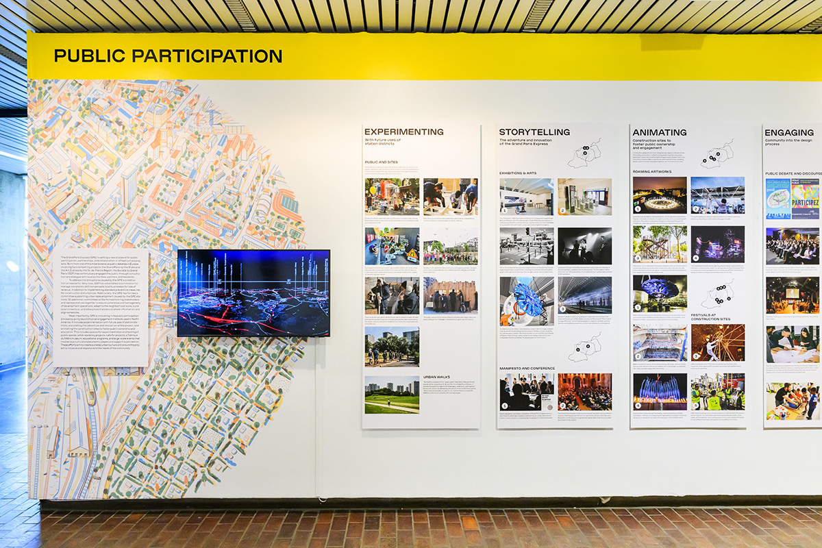 A wall in Druker Design Gallery with the title “Public Participation” at the top and images and a video screen on the wall.