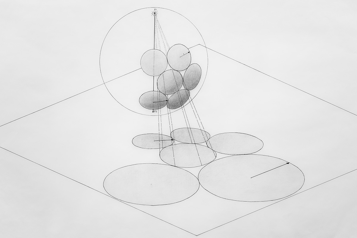 An architectural line drawing of multiple circular shapes inside a diamond shape.