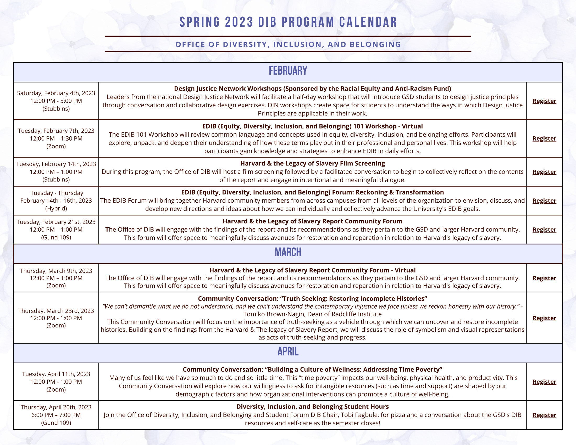 Spring 2023 Programming Calendar