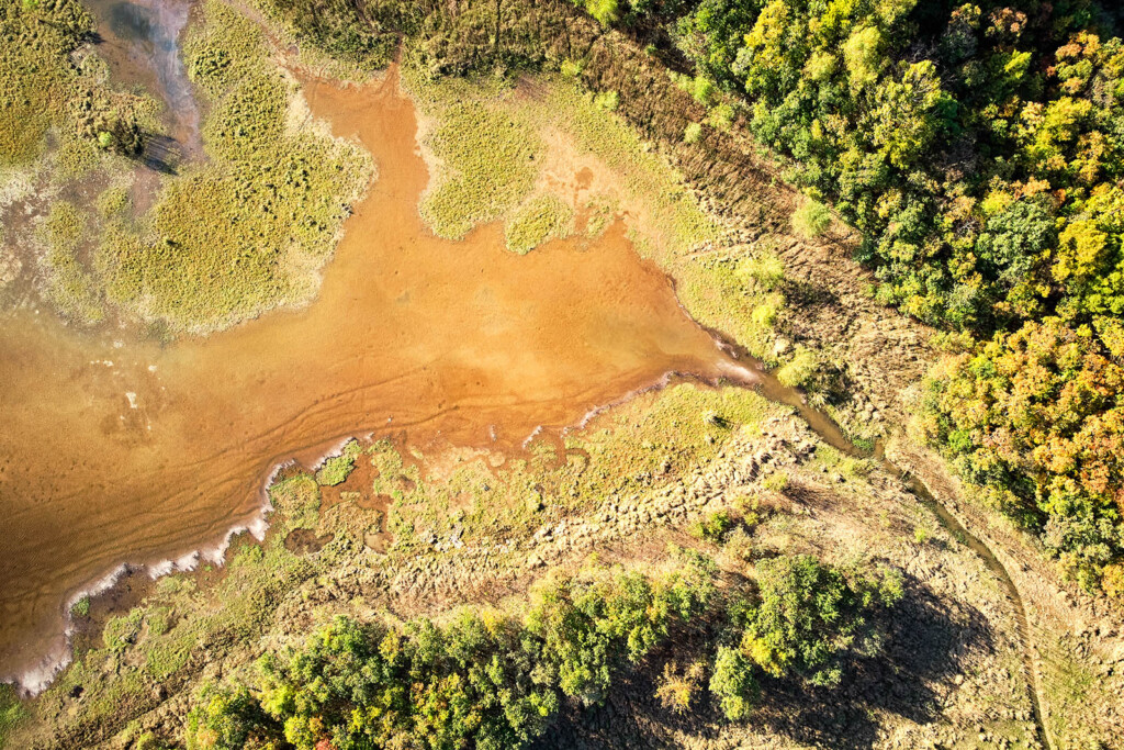 Aerial photo of river spilling into a wooden are