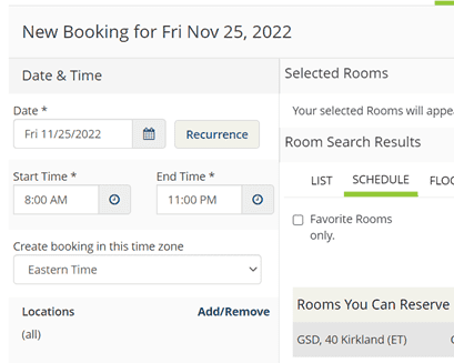 The recurrence button in the Date & Time box on the New Booking page.