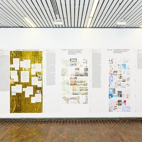 exhibition of various materials in tall panels