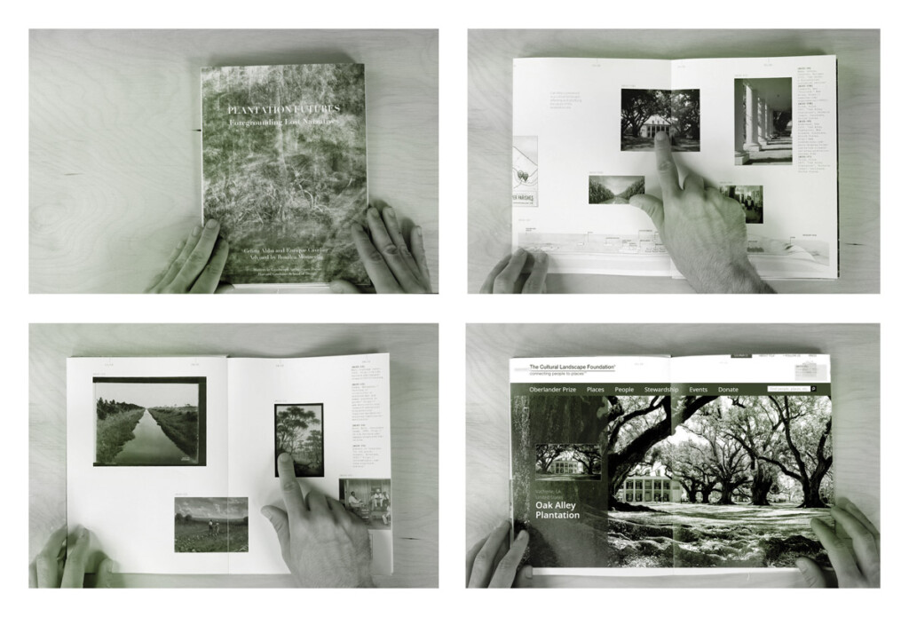 Four stills from a video, where the narrator is flipping and pointing at images on a printed book of Act 1 and Act 2. The images on the page are the cover of the book, the Oak Alley Plantation house, lost enslaved landscapes such as the swamp, ditch, and plot, and the webpage of Oak Alley taken from The Cultural Landscape Foundation’s website.