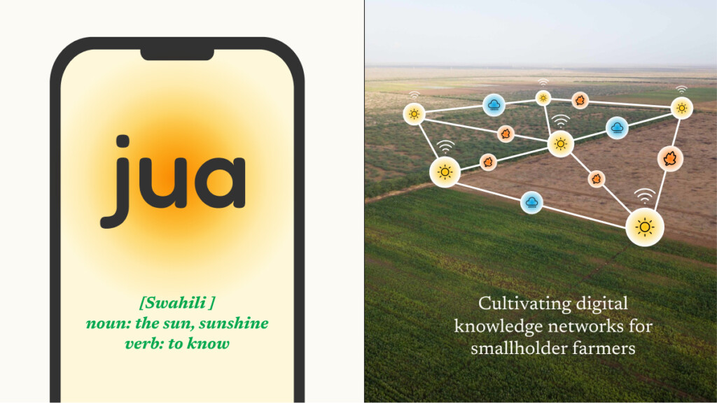 A hero shot with the word “Jua” on a phone mockup to the left, next to a network diagram overlaid on an aerial shot of a farm on the right.