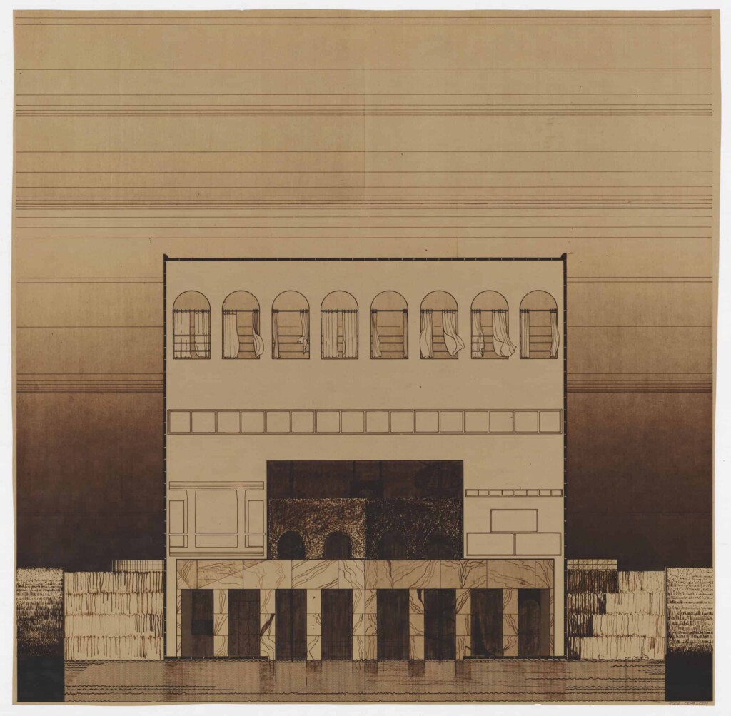 sepia drawing of the facade of the fountain house