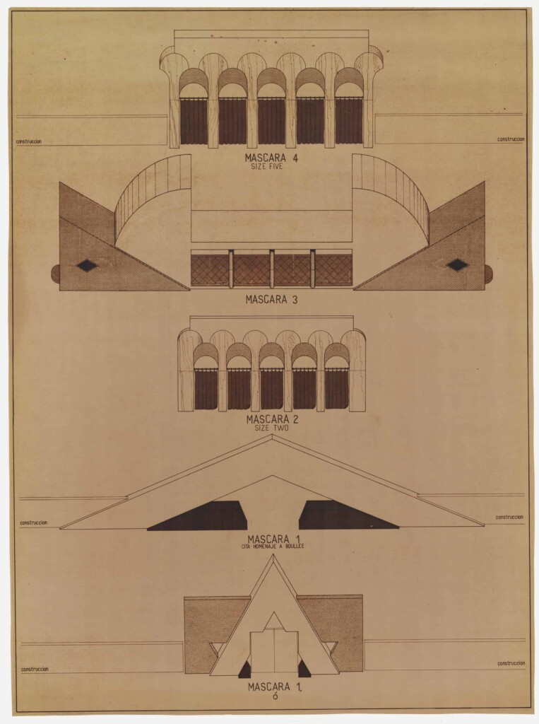 sepia image depicting the 4 mask facades of mask house