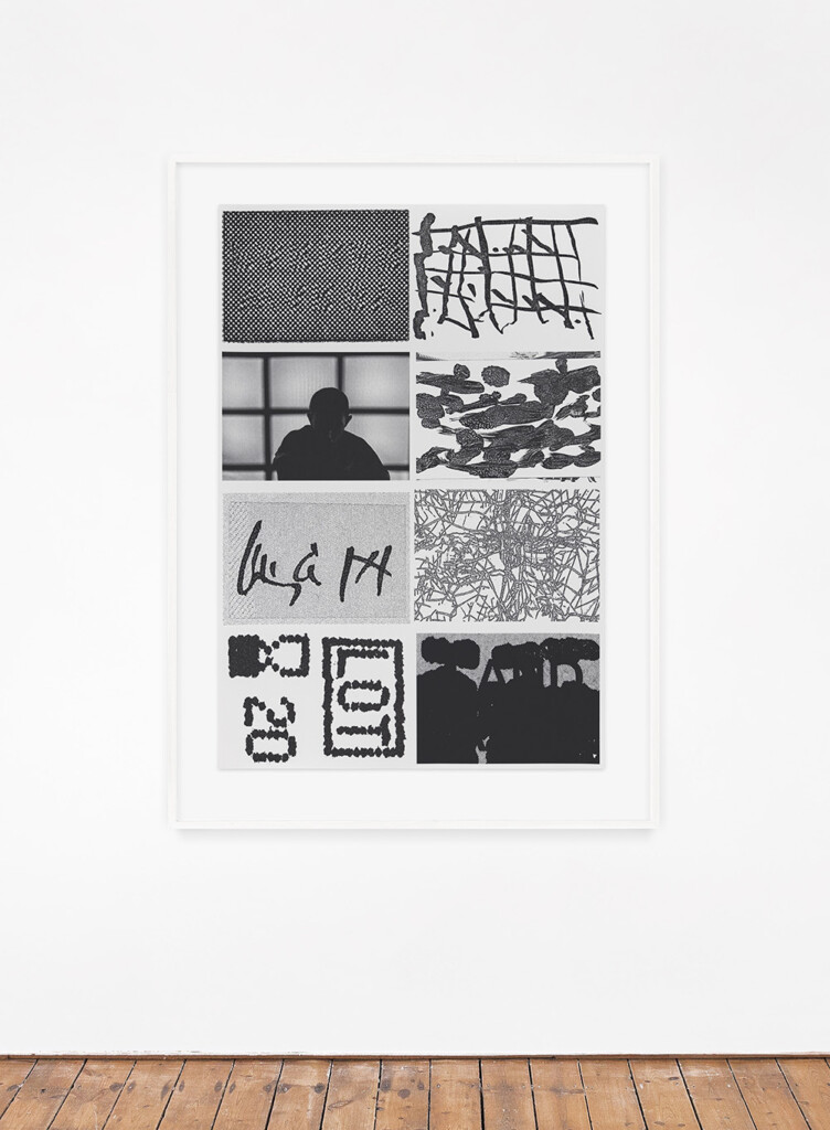 A black and white print with blocks of abstract marks and images titled "Gleaming between the obscure mass of other bodies."