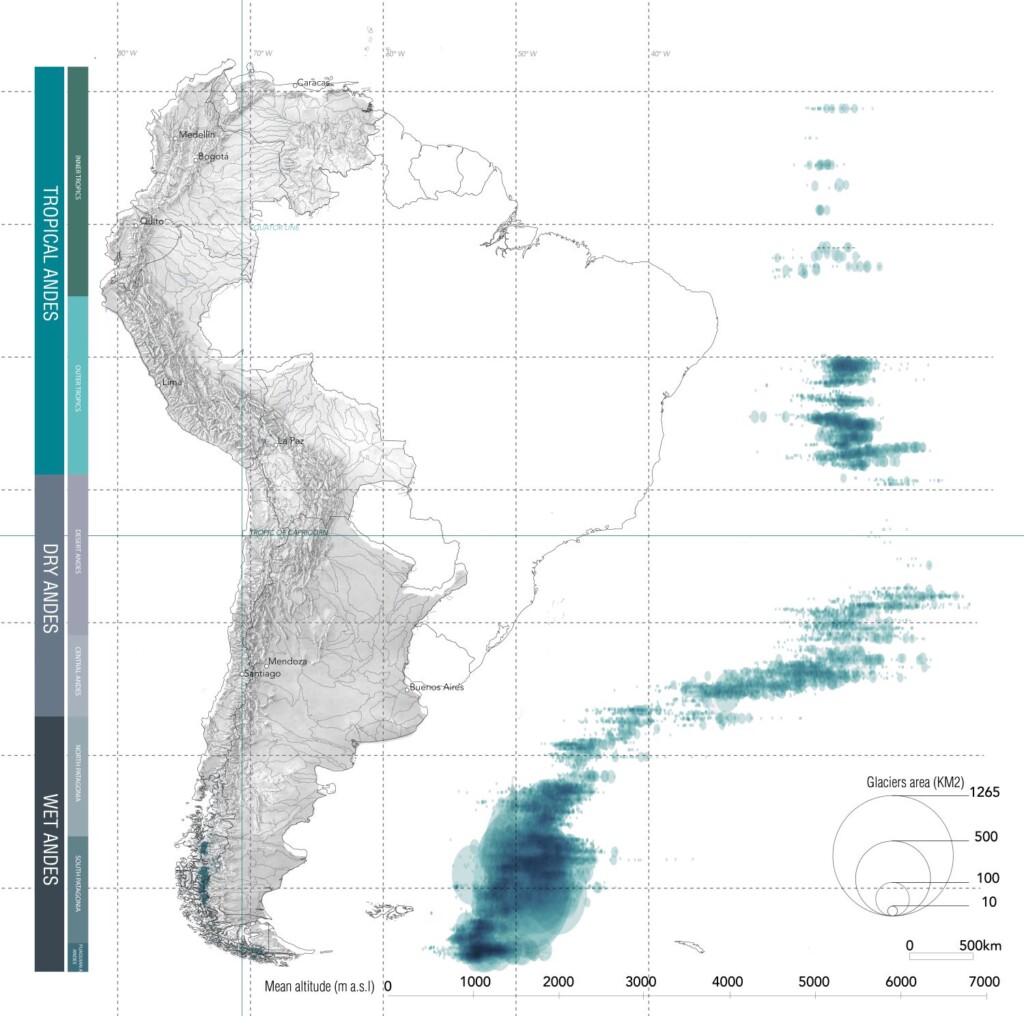 Blue and gray map of glaciers near South America.