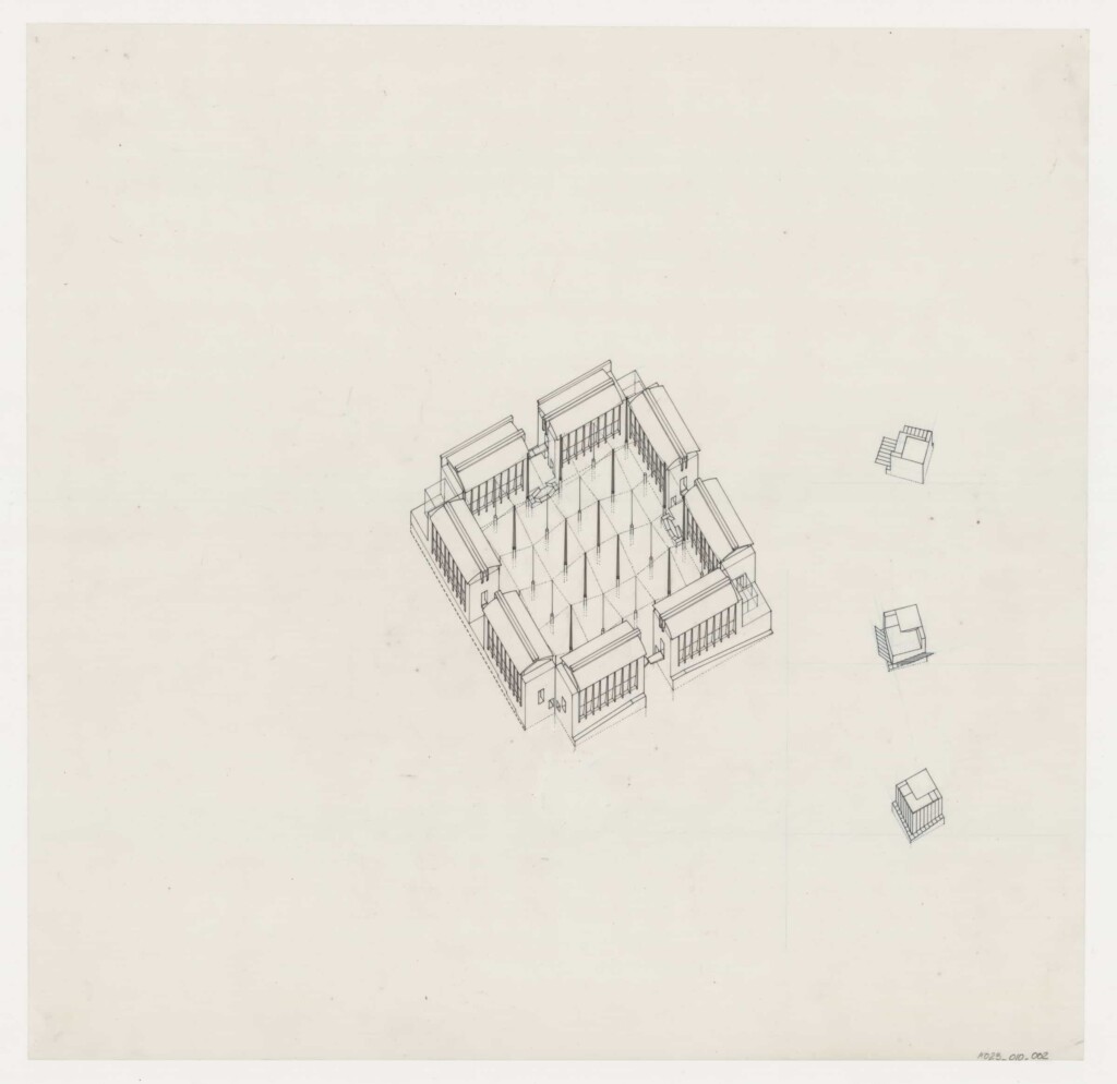 black and white drawing of axonometric with three diagrams of approdo dello sperone