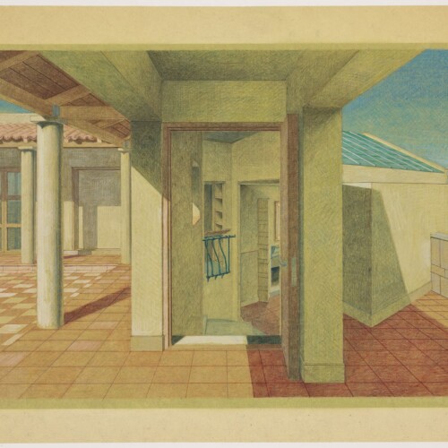 colored image of an interior perspective of house in pergusa