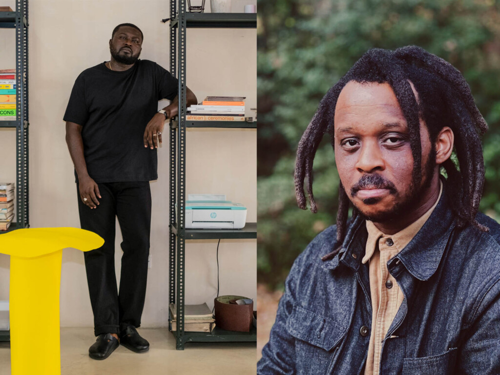 On the left side a photo of Nifemi Marcus-Bello standing and leaning against a shelf with yellow stool he designed in front of him and on the reight headshot of Curry J. Hackett