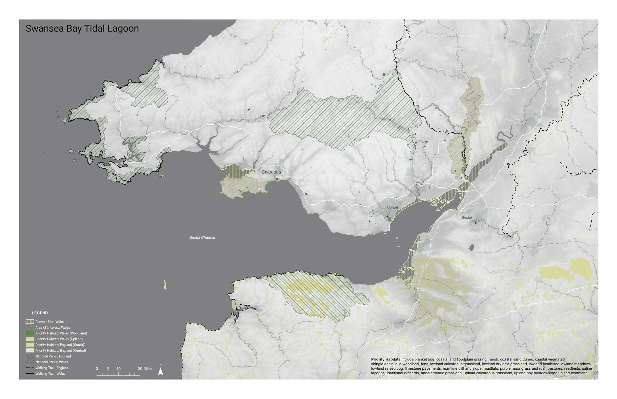 An annotated map of the Swansea Bay tidal lagoon showing the Bristol Channel area in the United Kingdom and some hydrological features.